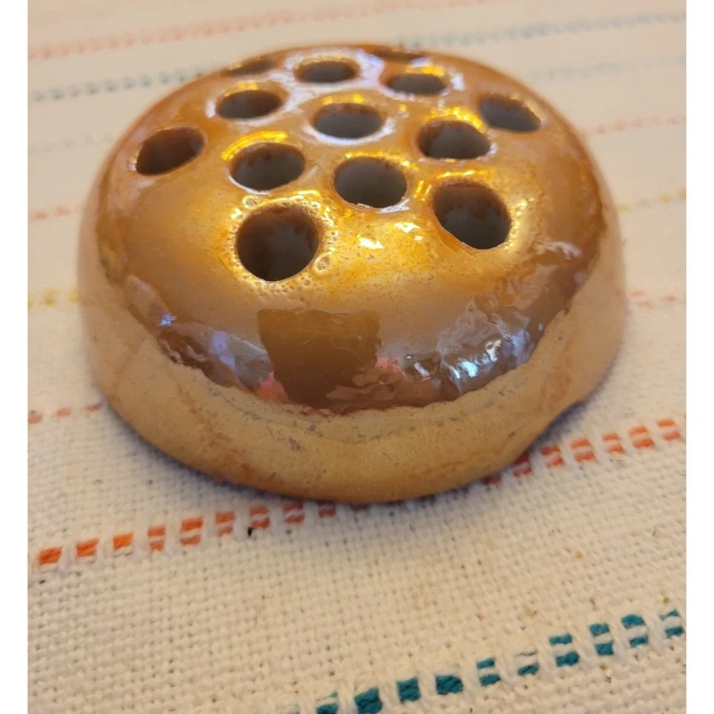Vintage Ceramic Flower Frog Orange Glaze 13 holes